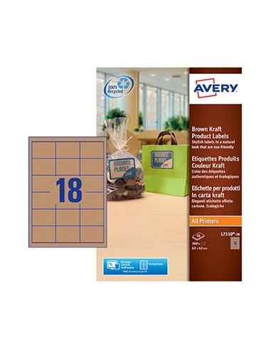 Etiquetas Kraft 62x42mm Avery 20 Folhas Castanho 360un