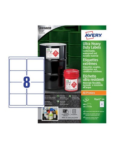 Etiquetas Ultra-Resistentes 105x74mm Avery 50 Folhas 400un