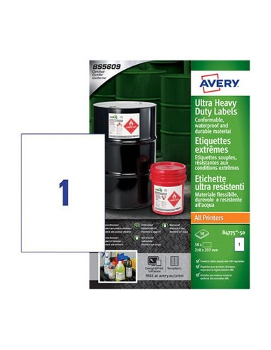 Etiquetas Ultra-Resistentes 210x297mm Avery 50 Fls A4 50un