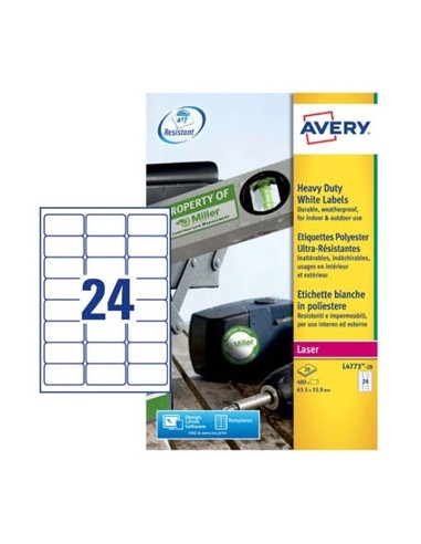 Etiquetas Resistentes 63,5x33,9mm Avery 20 Folhas 480un