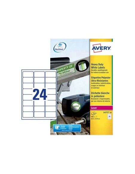 Etiquetas Resistentes 63,5x33,9mm Avery 20 Folhas 480un