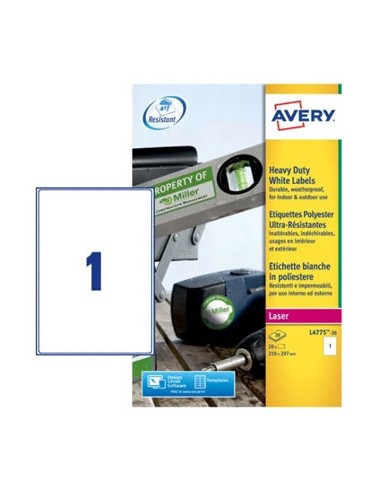 Etiquetas Resistentes 210x297mm Avery 20 Folhas A4 20un