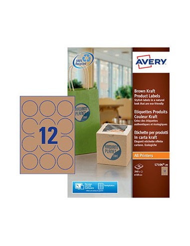 Etiquetas Redondas Kraft 60mm Avery 20 Folhas Castanho 240un