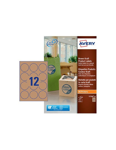Etiquetas Redondas Kraft 60mm Avery 20 Folhas Castanho 240un