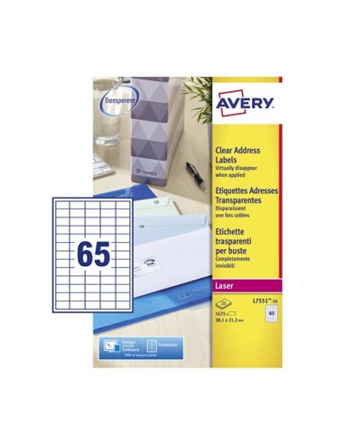 Etiquetas 38,1x21,2mm Avery 25 Folhas Transparente 1625un