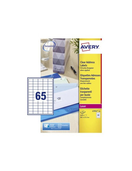 Etiquetas 38,1x21,2mm Avery 25 Folhas Transparente 1625un