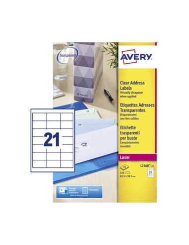 Etiquetas 63,5x38,1mm Avery 25 Folhas Transparente 525un