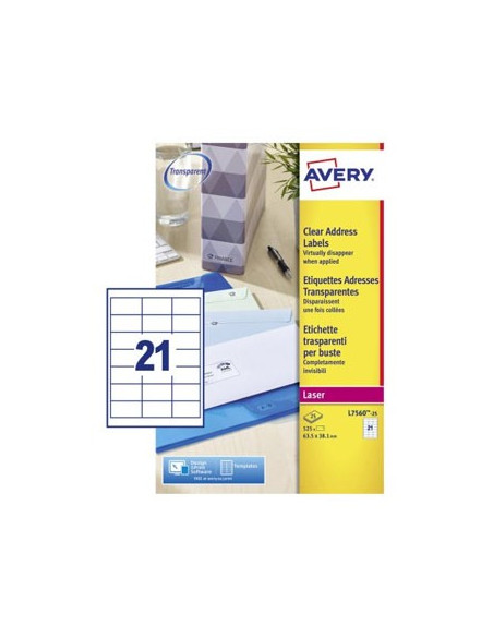 Etiquetas 63,5x38,1mm Avery 25 Folhas Transparente 525un