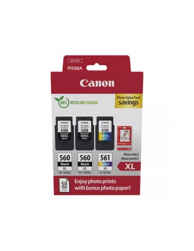 Pack Tinteiros Canon 560XLx2/561XL Preto/Cor+Papel 3712C012