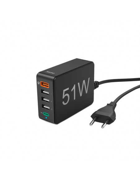 Carregador USB-C 1 Porta + USB-A 4 Portas 51W Rápido Preto