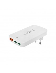 Carregador USB-C 2 Portas + USB-A 1 Porta 65W Rápido Branco