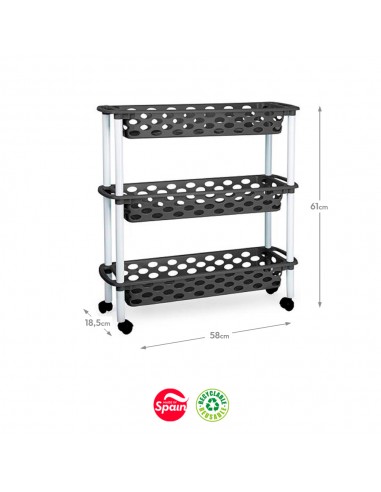 Carrinho 3 Cestos Plástico 18,5x58x61cm Aire Slime Cinzento
